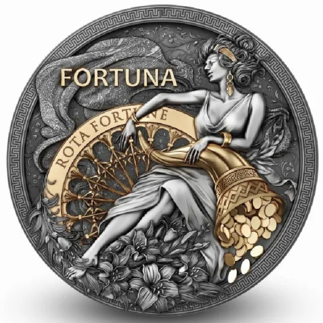 Fortuna 2023 2 Oz $5 Pure Silver Antique Finish Coin Selective Gold Plating Niue