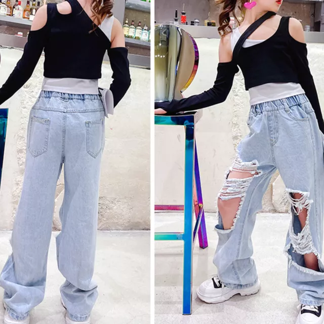 Girls Casual Ripped Jeans Stretch Wide Leg Denim Baggy Trousers Distressed Pants