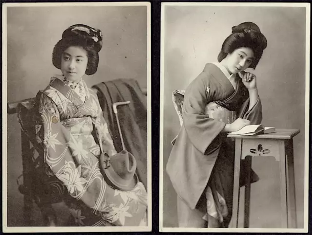 Lot of  2 - Japan c.1907-10s, Young Geisha studio posed, not posted - monotone