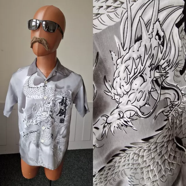 CAMICIA DRAGO VINTAGE BAMBINI taglia 10-11 anno grigio misto seta anni 90/2YK grafica AV52