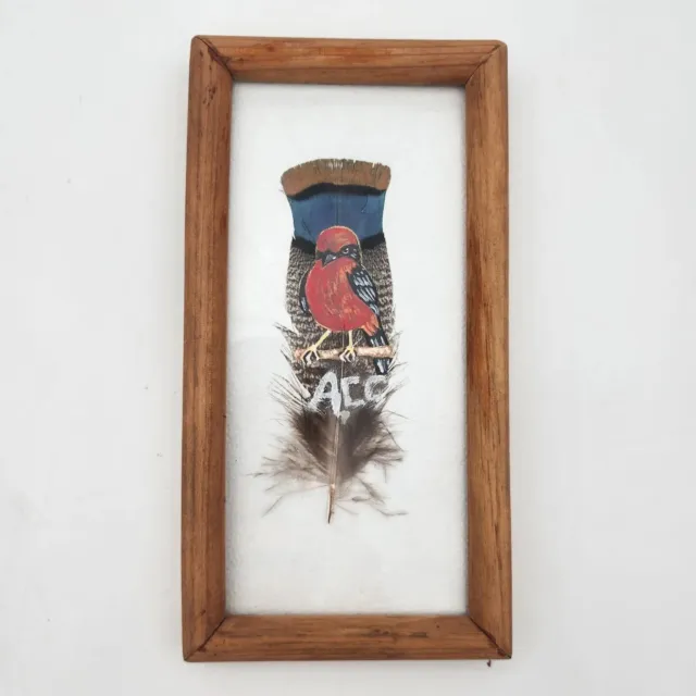 Painted Feather Art Perched Red Bird Cardinal Southwest Signed ACC Framed 9"X5"