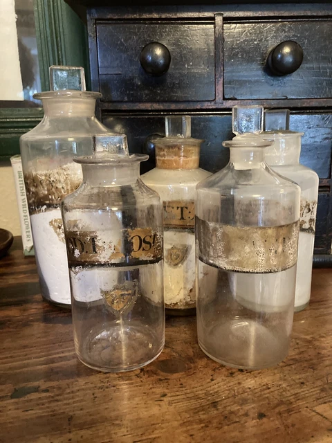 Antique Glass Apothecary Bottles, Chemist Dispensing with Labels & Stoppers