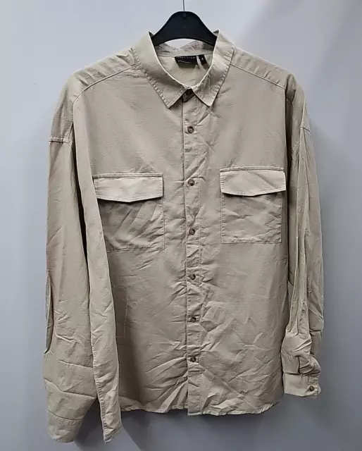 Asos Design Mens Linen Blended Shirt Long Sleeves Size 2XL Beige Pockets