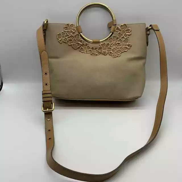 Elle & Jae Gypset Floral Detail Crossbody Purse Bag Brass Ring Handle Tan Beige