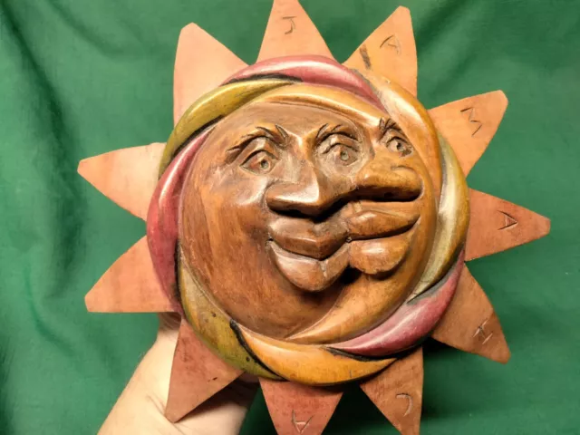 Hand Carved Wooden Art Relief Sun/Moon Double Face 10" Plaque Rasta Jamaica ~ JD