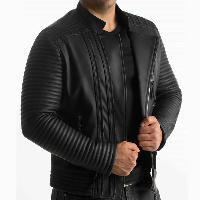 Mens Leather Jacket Black Quilted Genuine Lambskin Biker Motorcycle Jacket - 195