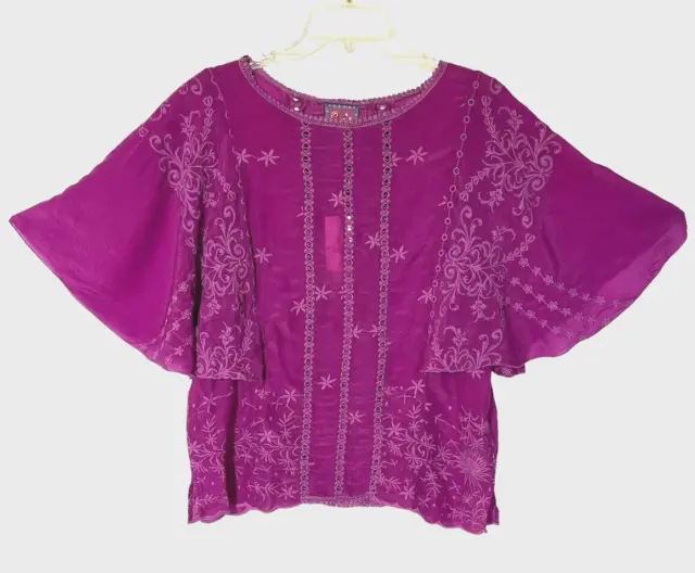 NWT $285 Johnny Was Sunflower Alta Orchid Embroidered Flare Boho Blouse Top Sz S