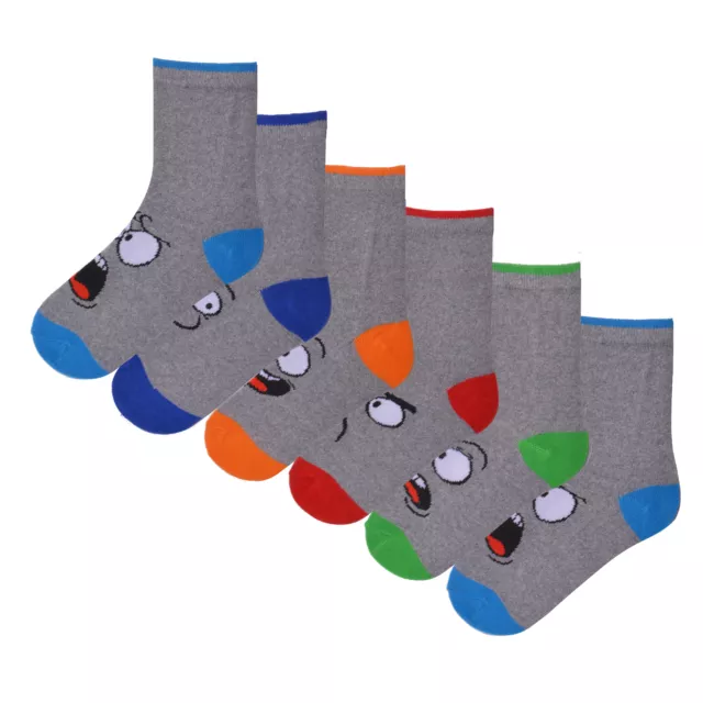 Boys 6 Pack Design Socks Funny Face Cotton Rich Stripes Monster Coloured Socks