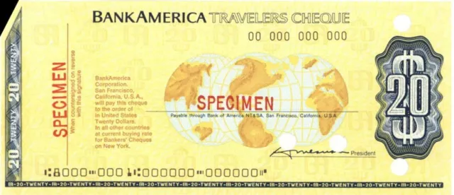 $20 Bank America Travelers Cheque - American Bank Note Specimen - American Bank