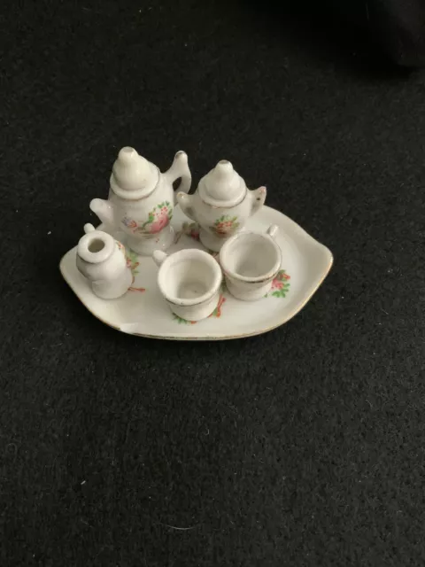 Vintage miniature tea set. Occupied Japan. Damaged teapot spout, Chip On Tray