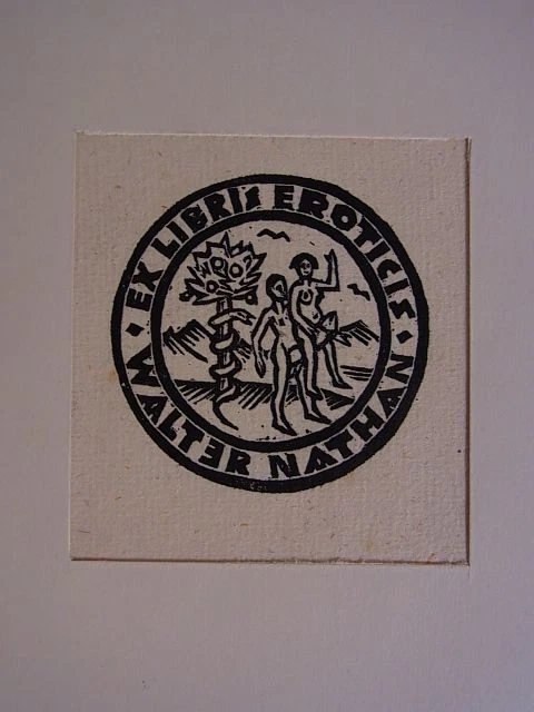 Erotisches Exlibris - Ex Libris Eroticis für Walter Nathan. Motiv: Adam und Eva