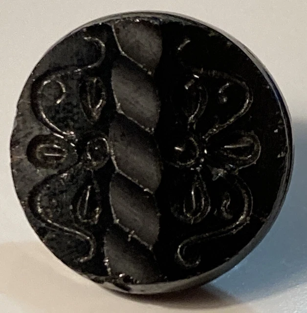 Antique Jet Black Glass Button Raised Center Carved Relief Metal Shank 1/2"
