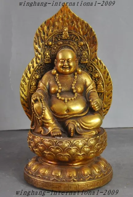 7" Old Chinese Buddhism Temple Bronze Gilt Wealth Lucky Maitreya Buddha Statue
