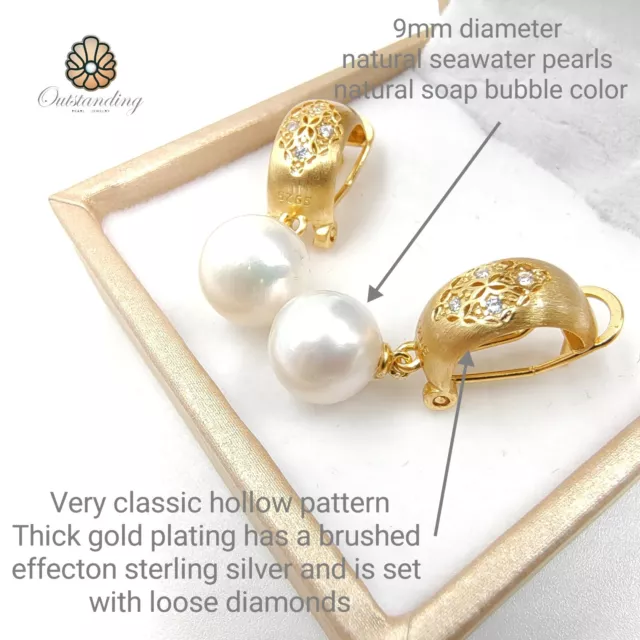 18ct Thick Brush Gold Plated Seawater Pearl Dangle Drop Earrings 925 Sliver Gift