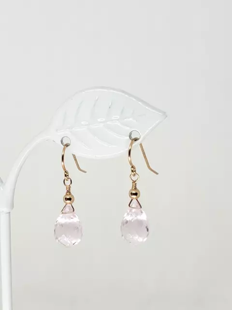 14k Rose Gold Filled Faceted Rose Quartz Teardrop Briolette Drop Dangle Earrings