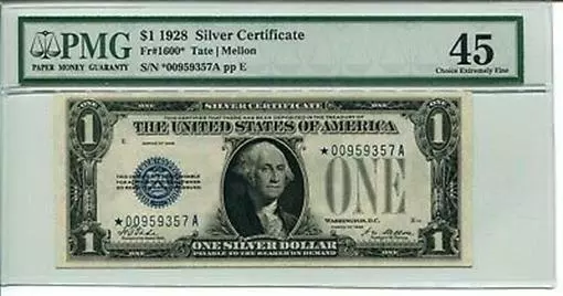 FR 1600* 1928 $1 Star Silver Certificate PMG 45 CHOICE EXTREMELY FINE