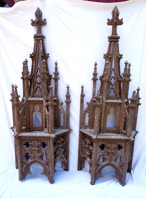 French Gothic Carved Wood Canopy Pair Statue Large 74 3/4" Chapel Church 19th C