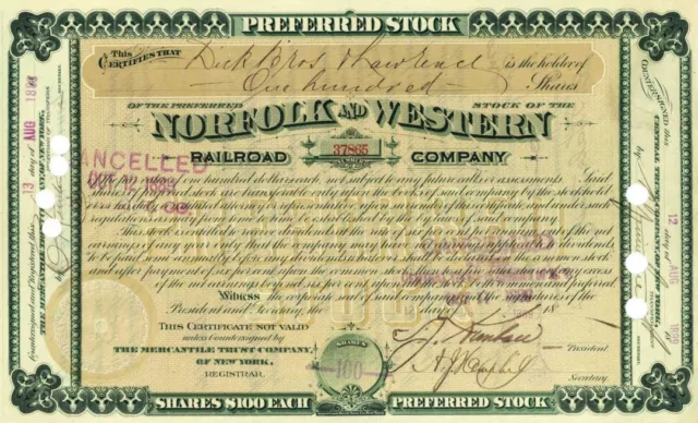 Norfolk and Western Railroad Co. - 1880's dated Railway Stock Certificate - Very