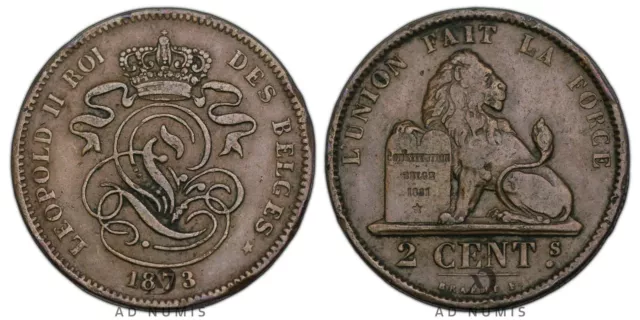 Belgien 2 centimes 1873 Leopold II Lyon Monogramm XF Kupfer Münze Belgischer