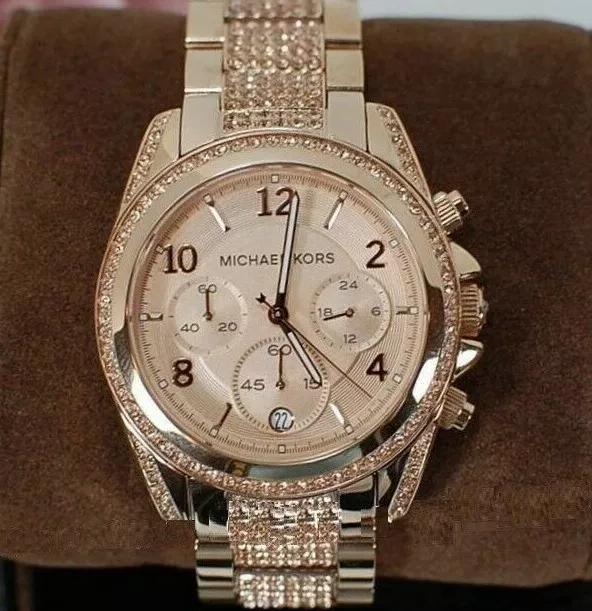 New Michael Kors Blair Rose Gold Tone,Pave Crystals Chrono Bracelet Watch-Mk5821