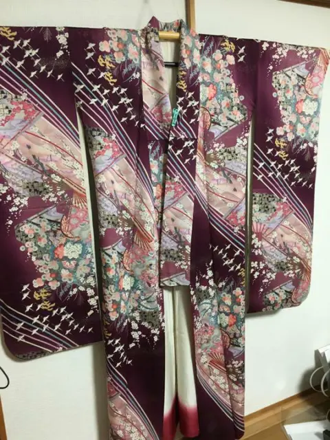 Kimono & Obi set Purple Pink gradient long sleeves Japanese furisode belt #7