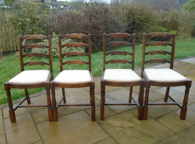 Set of 4 Vintage Oak Ladder Back Kitchen Dining Chairs William Morris Fabric