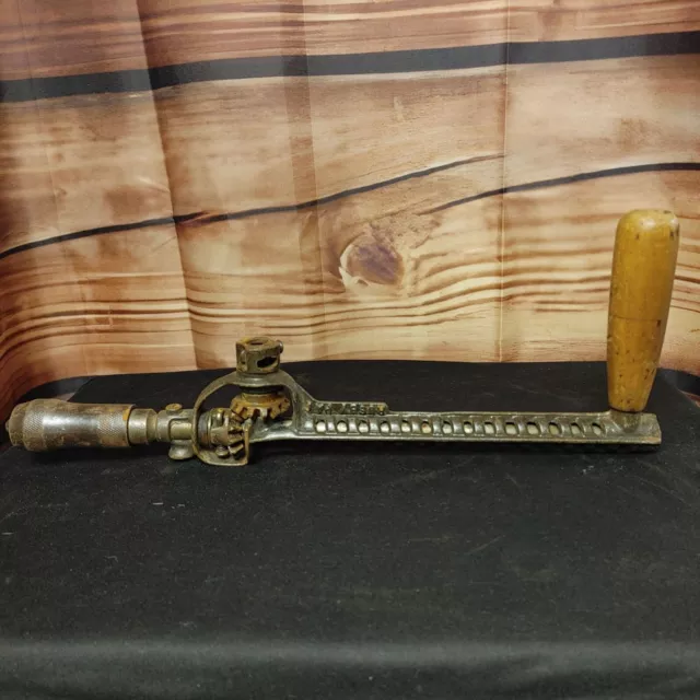 Vintage Hand Drill Made in USA Hand Crank Wood Handle Metal Rod and Gear