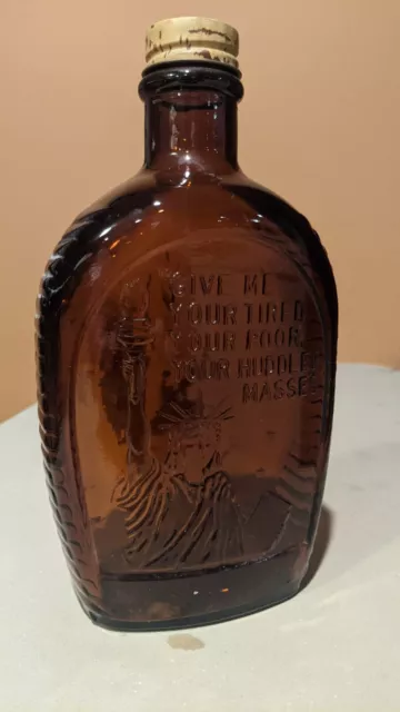 Vintage Log Cabin Syrup Statue of Liberty Image Amber Glass Bottle