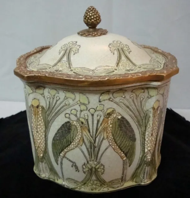 Caja Marabú Pájaro Art Deco Estilo Art Nouveau Estilo Porcelana Bronce Cerámico
