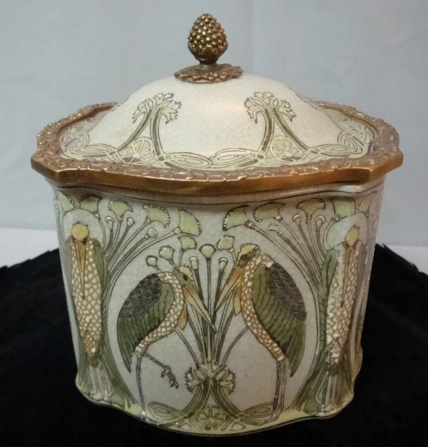 Caja Marabú Pájaro Art Deco Estilo Art Nouveau Estilo Porcelana Bronce Cerámico