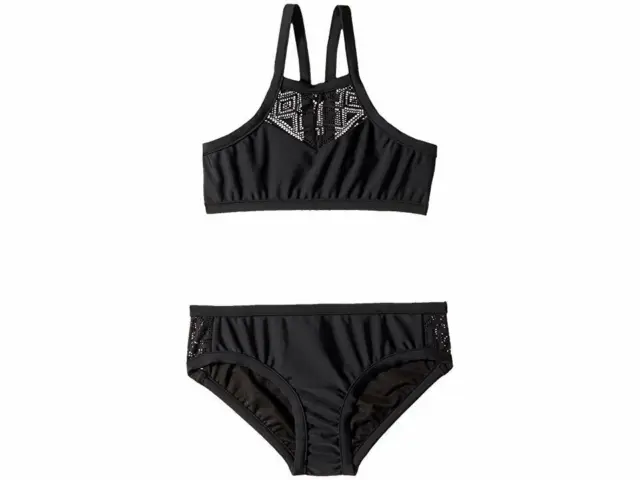 $160 Seafolly Girls' Black Summer Essentials Mesh Apron Tankini Set Size 6