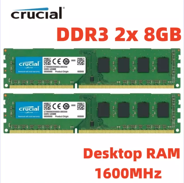 CRUCIAL DDR3 1600MHz 2x 8GB 16GB PC3-12800 Desktop Memory RAM 240pin DIMM 16G 8G