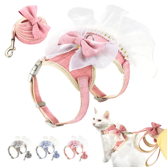 Princess Cat Dog Dress Harness and Leash Set Pearl Bowtie Puppy Vest Cute Pink