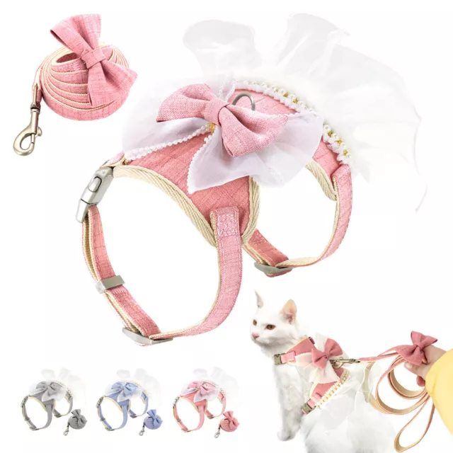Puppy Dog Dress Harness and Leash for Girl Dogs Lace Clothes Cute Bowtie XS S M