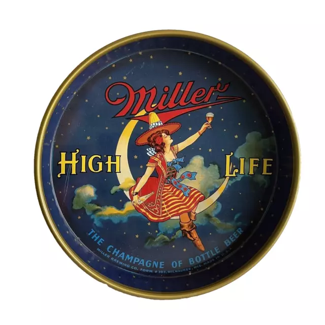 Miller High Life Metal Serving Beer Tray Tin Girl Maid Moon 303 WI 12" USA Vtg
