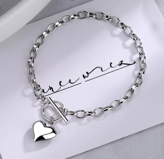 Heart Pendant 925 Sterling Silver Plated Chain Necklace Bracelet Women Jewellery