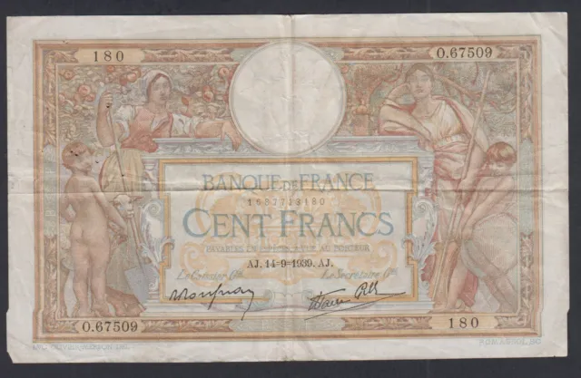 RARE FRANCE 100 FRANCS LOM 14-9-1939 N° O.67509 180, lartdesgents.fr (AUS) p3180