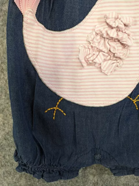 Mud Pie Romper Infant Girl 9-12 Mo Blue Chambray Pink 3D Chicken Hen Sleeveless 3
