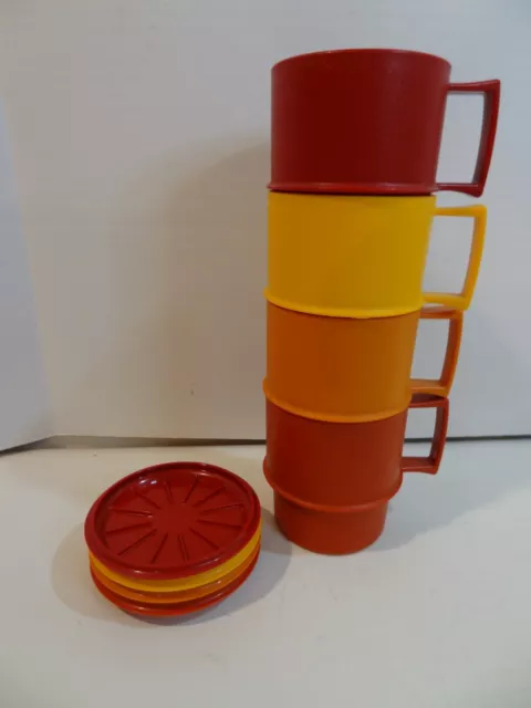 Set of 4 VINTAGE Tupperware Stackable Coffee Mugs Cup 1312 Harvest Colors W Lids