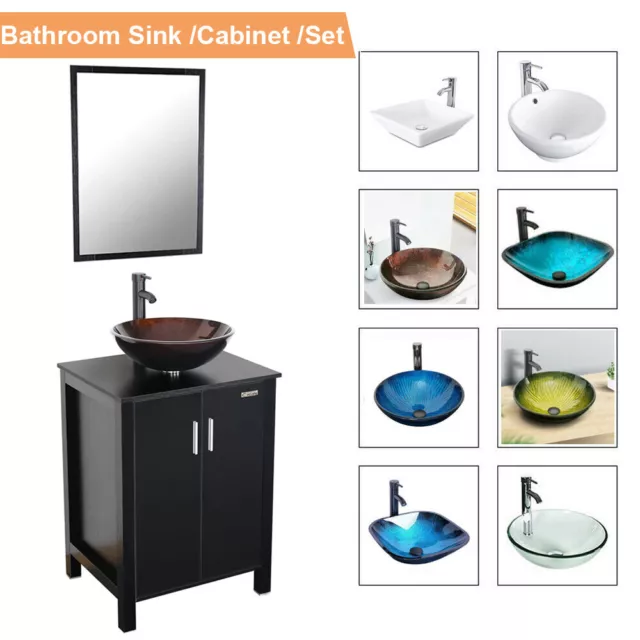 24" Black Bathroom Vanity w/Mirror Cabinet Set Vessel Glass Ceramic Sink Faucet