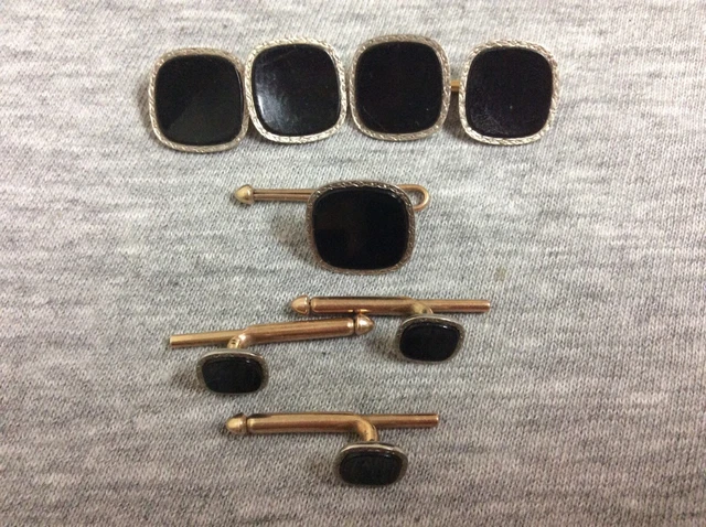 Vintage Swank Gold Plate & Black Onyx Cufflinks & Tuxedo Shirt Stud Buttons