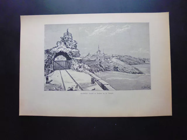 19° black and white engraving: cave and tocher de la Virgo in Biarritz