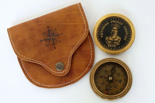 Thanksgiving Antique Brass Vintage Marine Victorian Pocket Compass Leather Case