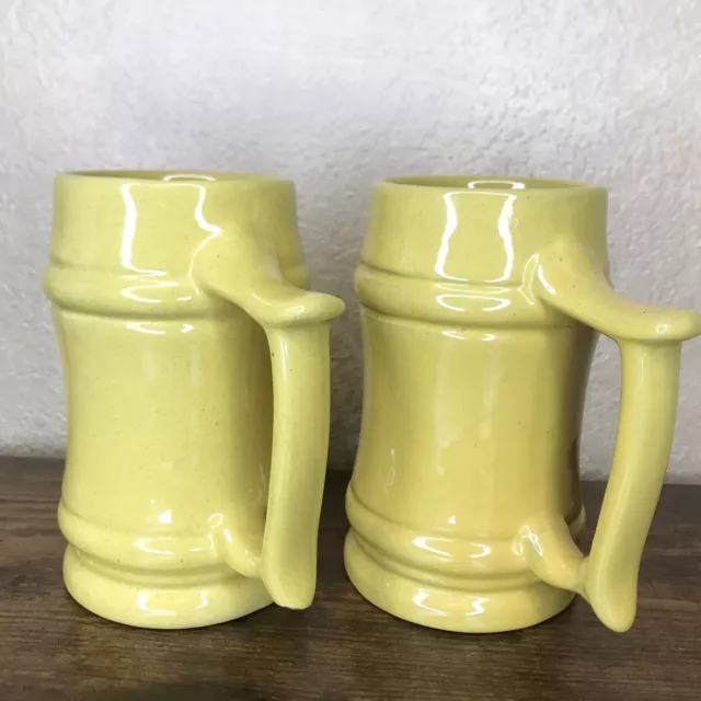 Frankoma M2 Beer Stein Vintage Yellow Pottery 6" Tall Clay Mug 18oz Pair *Rare