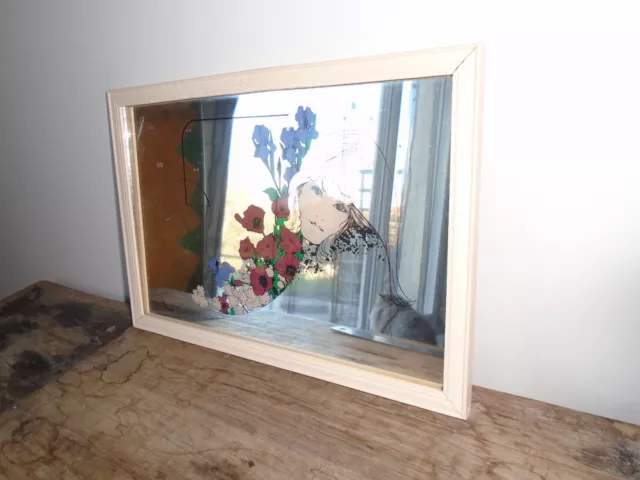 Miroir Vintage Sérigraphié Années 70 - Davies - Femme Nue Et Oiseau Bleu - Déco Rétro