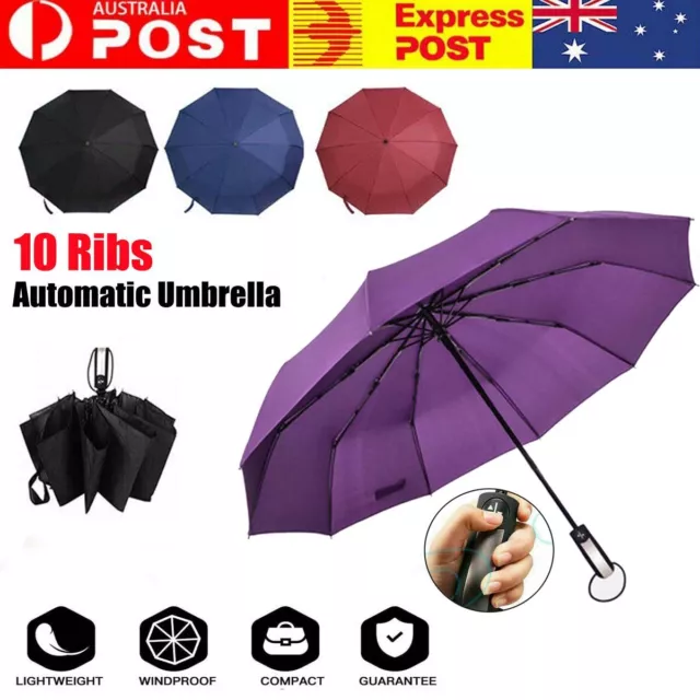 Large Umbrella Windproof Automatic Folding Open Strong Compact 10Ribs Fiberglass