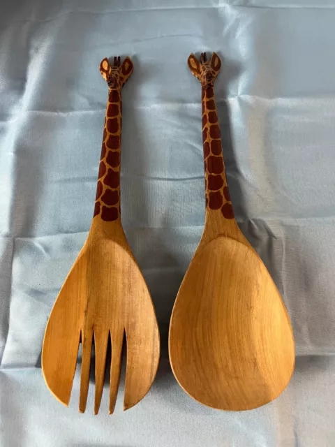 SALAD TOSSERS Giraffe Handle Wooden Wood Utensils