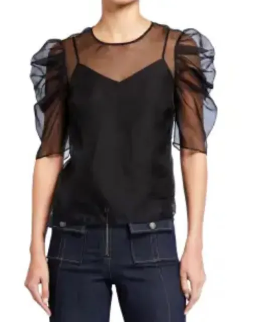 Cinq A Sept Erin Silk Organza Ruched-Sleeve Top Black Sheer Small