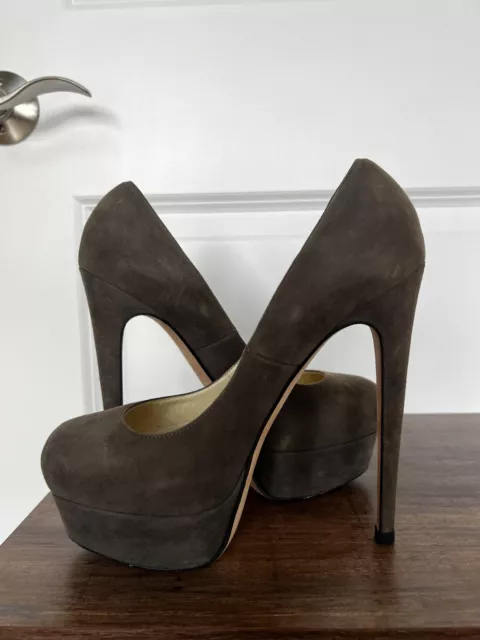 Brian Atwood MANIAC Taupe Grey Leather Suede Platform Heels Pumps 36.5 EU/ 6 US