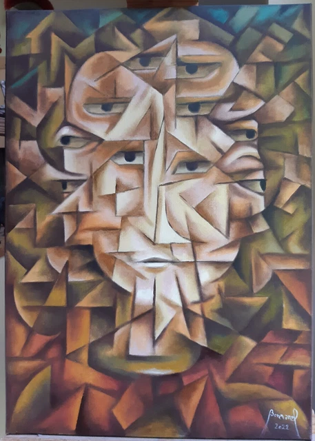 TABLEAU CUBISTE ANCIEN Huile sur papier Violons musique signature à